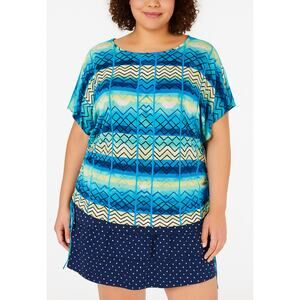 Style & Co Woman Blue Geometric Print Side  Drawstring Top – Size 3X Art to Wear